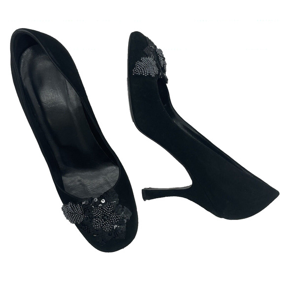 MOSCHINO Size 6.5 Suede Sequin High Heels Slip On Round Toe Vintage Beaded - Picture 1 of 9